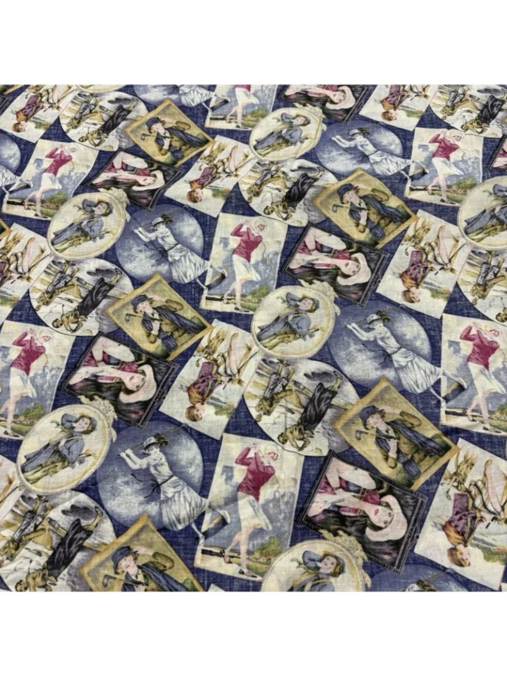 6 Yd X 44” Fabric Women Golf Flapper Vintage Blue Cotton Sewing Crafting Golfer